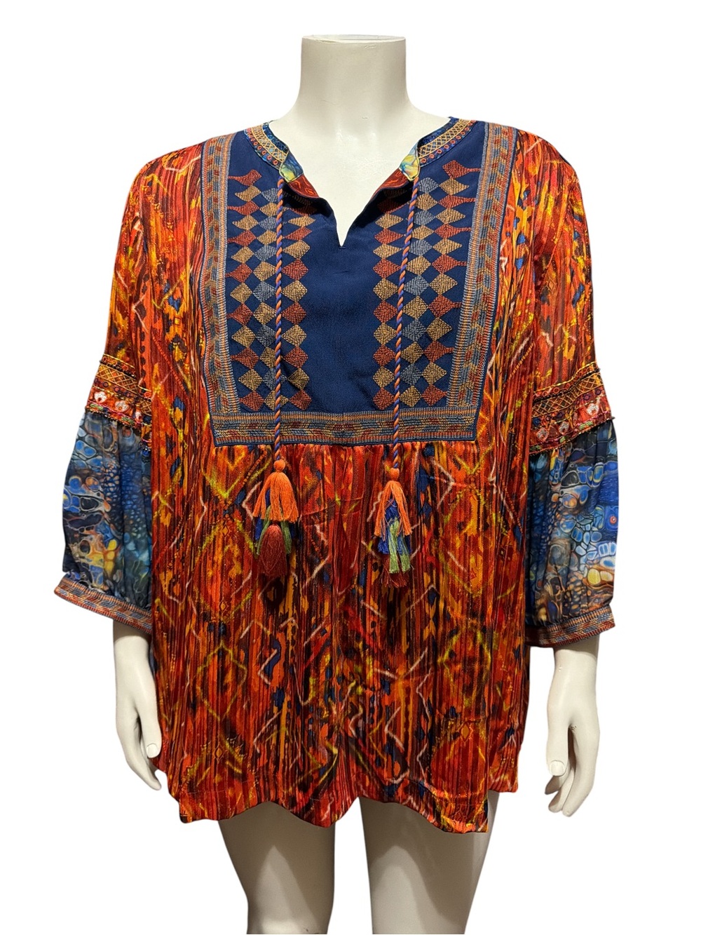 John Mark Autumn Hues Boho Tunic Top Plus 2X Ikat Print Embroidered Tassel Tie - Picture 3 of 13